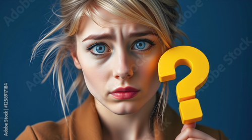 Obraz na płótnie Portrait of beautiful confused young blonde woman holding yellow question mark, isolated on blue background w salonie