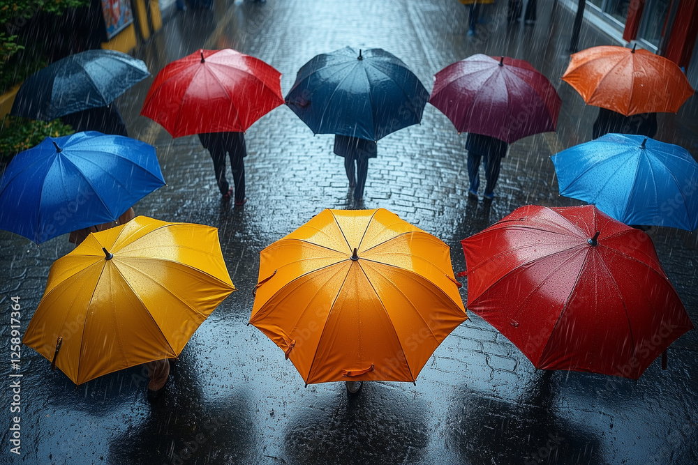 Obraz premium Colorful umbrellas in the rain on a city street.