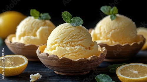 Mouthwatering lemon ice cream scoops in wooden bowls with fresh mint leaves a...