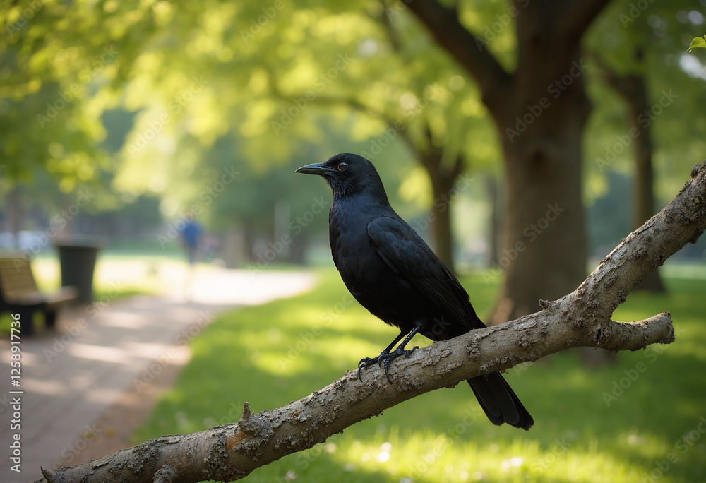Black crow perched on a tree branch in a green urban park Black crow perched on a tree branch in a green urban park