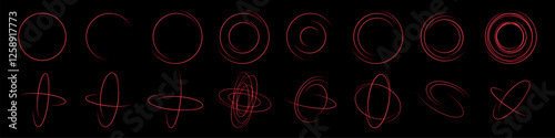 Collection of glowing red neon swirl effects on a black background, representing dynamic motion, futuristic energy, and abstract light trails. Ideal for sci-fi, digital design, motion graphics