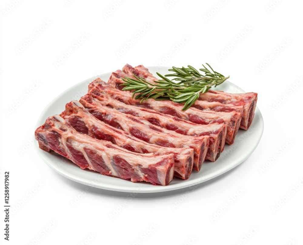 Raw ribs on plate with rosemary, isolated Raw ribs on plate with rosemary, isolated