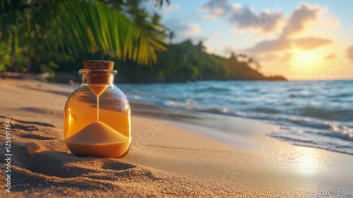 Hourglass on sandy beach at sunset with waves and palm trees in the background