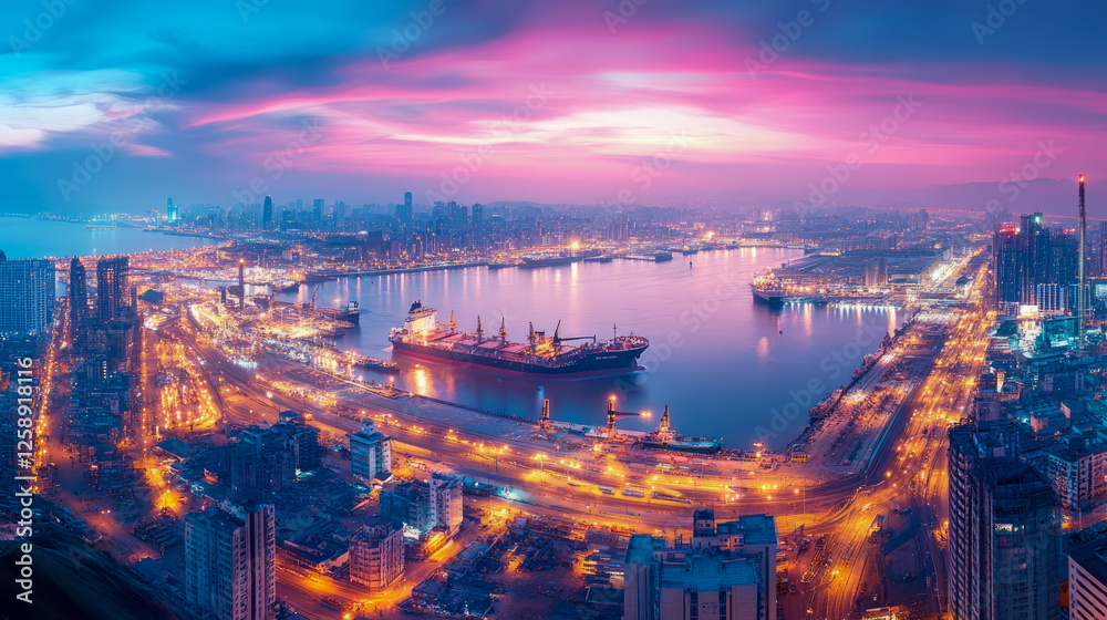 Fototapeta premium Glowing Metropolis: An aerial panorama of cityscape reflecting twilight hues, featuring cargo ship, urban illumination and modern infrastructure