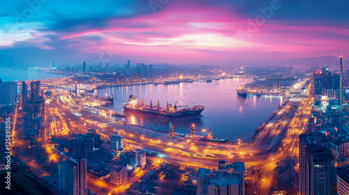 Wallpaper Mural Glowing Metropolis: An aerial panorama of cityscape reflecting twilight hues, featuring cargo ship, urban illumination and modern infrastructure Torontodigital.ca