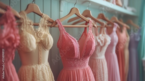 Colorful evening dresses displayed in a boutique for summer events