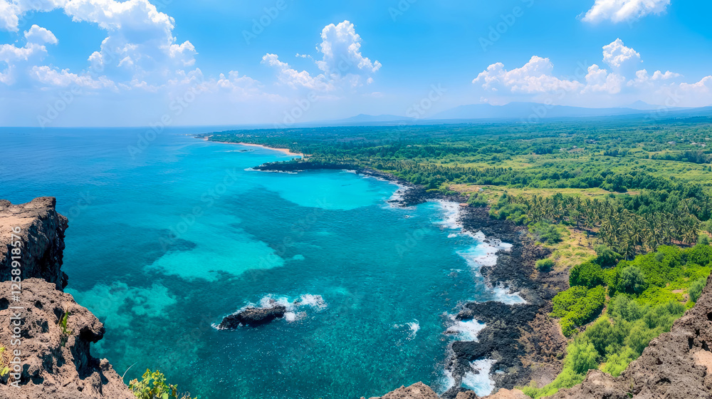 Fototapeta premium Coastal Paradise: Turquoise Sea Meets Lush Greenery on a Tropical Island