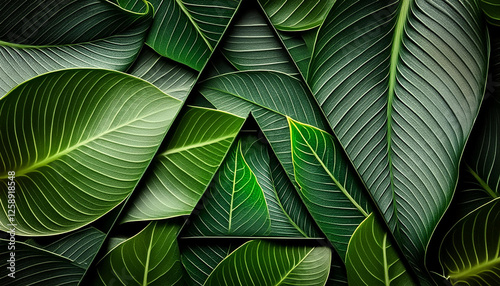 Grüne Blätter in Dreiecksformation: Natur, Symmetrie und Struktur, perfekte Geometrie in  lebendigen Farben