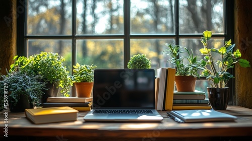 Cozy workspace with plants and a laptop by the window in the morning light