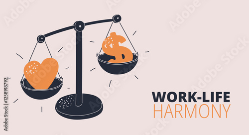 Cartoon vector illustration of scales with a heart and a dollar sign, symbolizing the balance between love and money