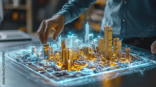 Innovative Cityscape Design: Architect Interacting with Holographic Model