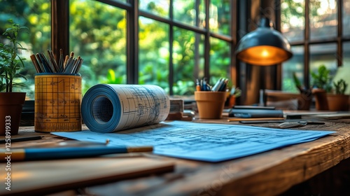 Workspace with architectural plans and tools in a well-lit room surrounded by...