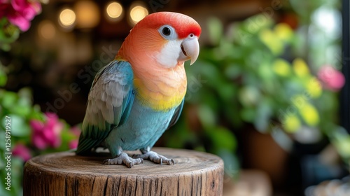 Colorful parrot perched on wood near vibrant flowers in a cozy indoor setting
