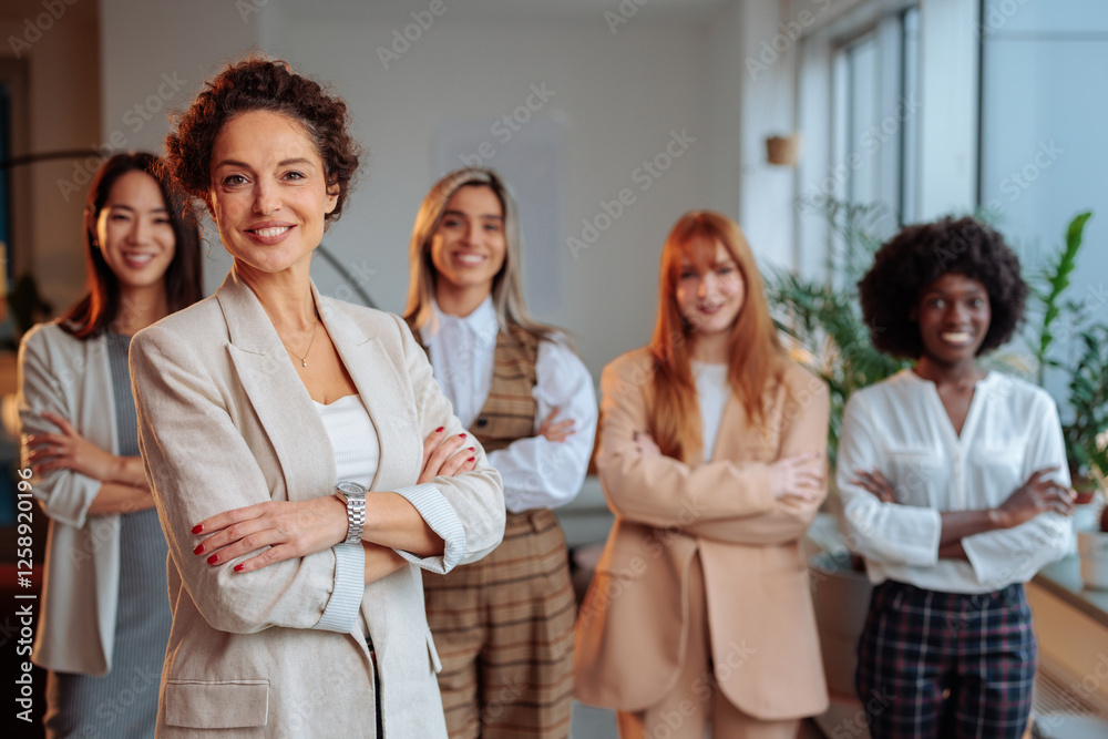Smiling businesswoman posing in front of her colleagues Smiling businesswoman posing in front of her colleagues