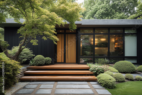 Main entrance door. Japanese, minimalist style exterior of villa. Black panel walls and timber wood lining front door. Back yard with beautiful landscape design. photo