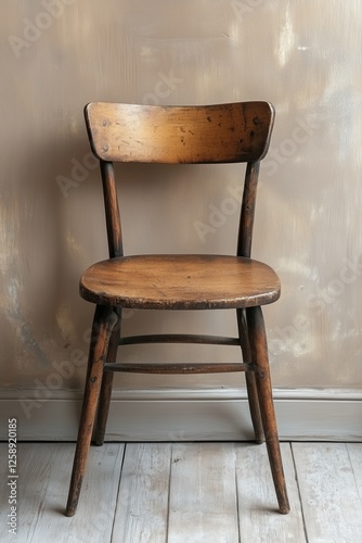 Rustic wooden chair against a textured wall with a warm tone in a cozy indoor...