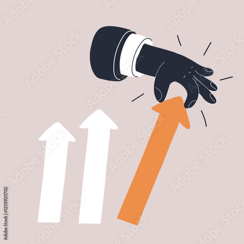 Cartoon vector illustration of a hand raising a rising arrow, representing financial rebound and progress after a downturn
