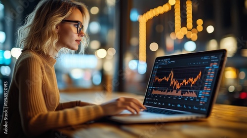 Evening analysis of stock market data by a focused young woman in a cozy urba...