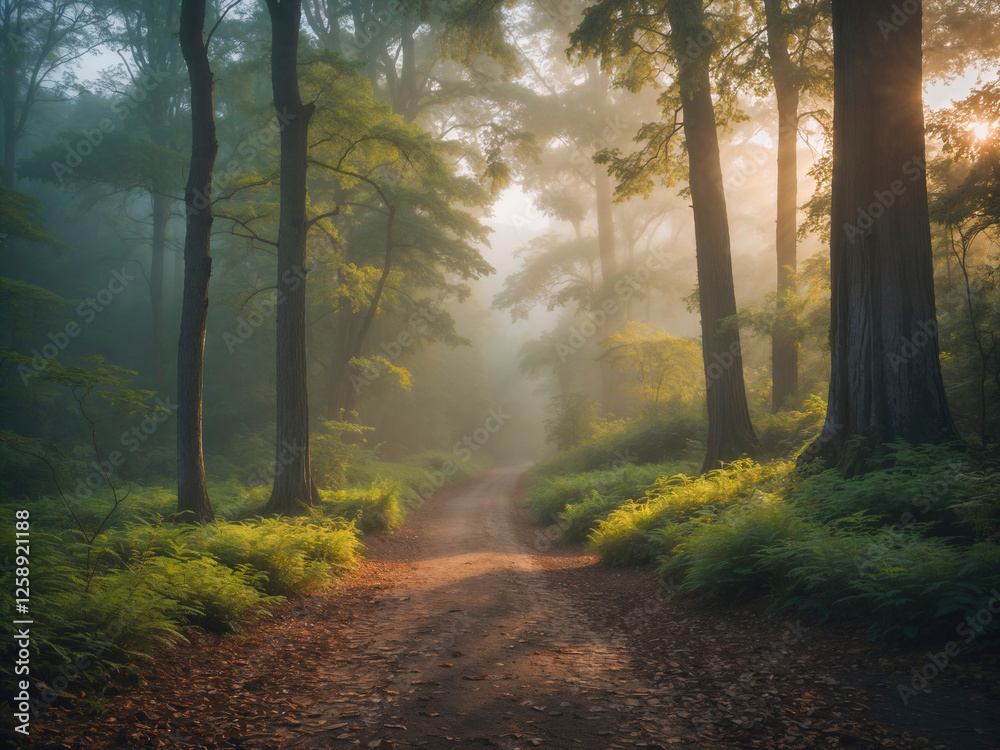 Obraz premium Forest Path with Sunlight Through Trees