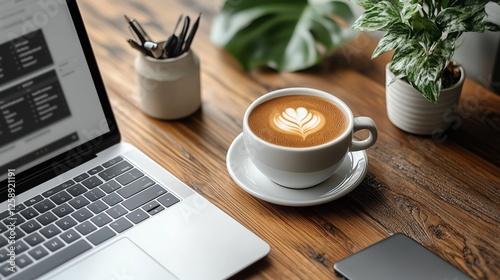 Morning coffee and laptop on a rustic wooden table with a plant nearby