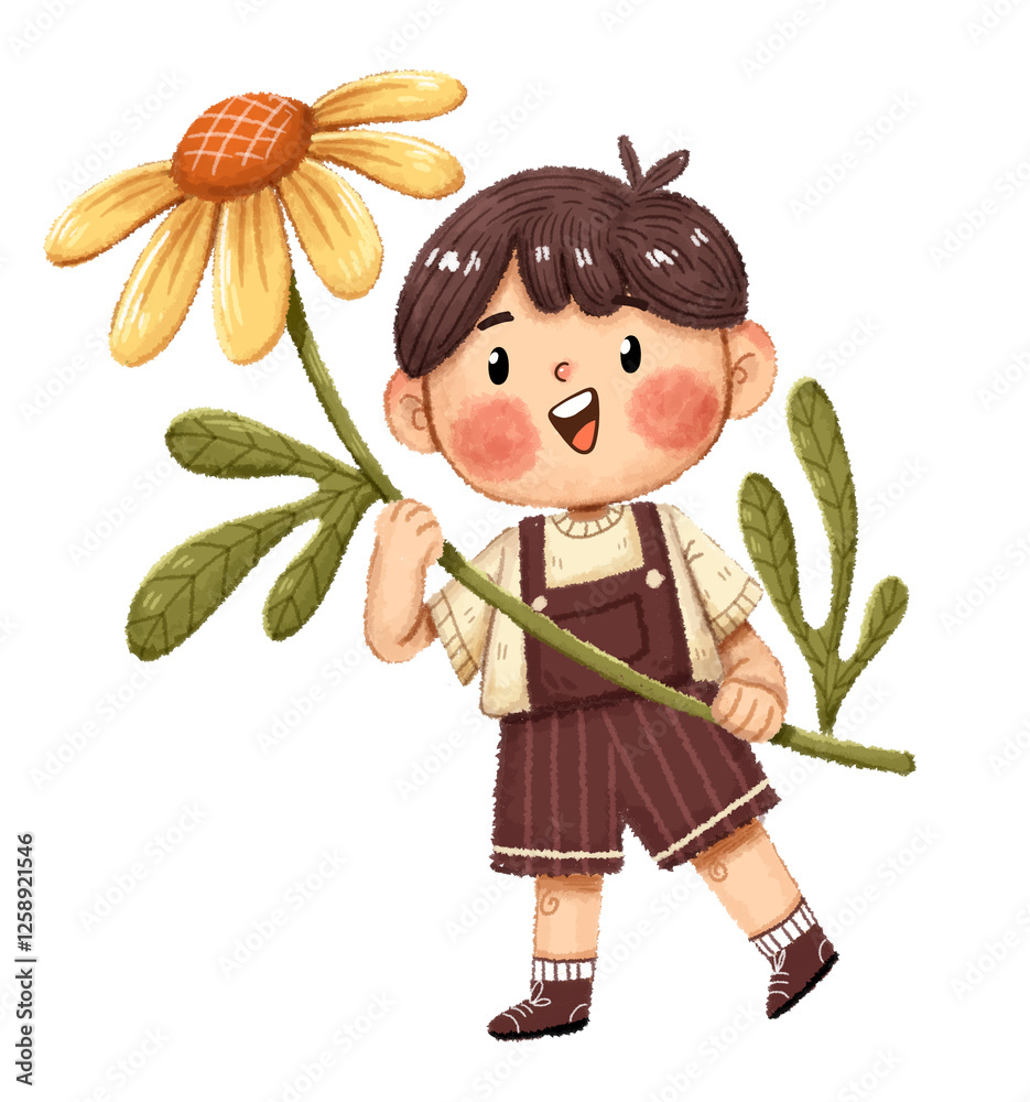 Fototapeta premium NIÑOS EN PRIMAVERA, niño con flor, inicio de clases 