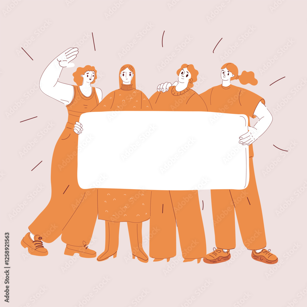 Fototapeta premium Cartoon vector illustration of two women holding a blank poster, ready for a slogan or message