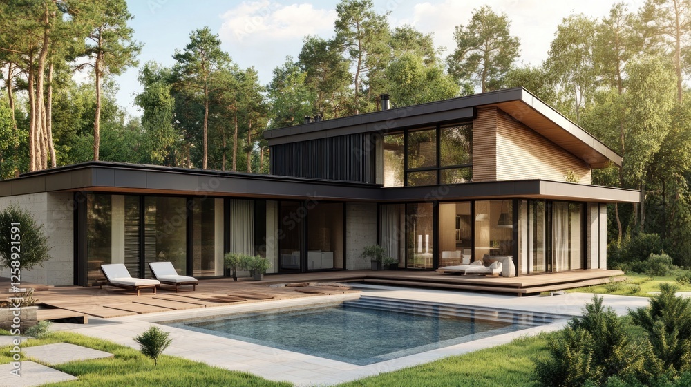 Modern house with pool and forest view. Modern house with pool and forest view.