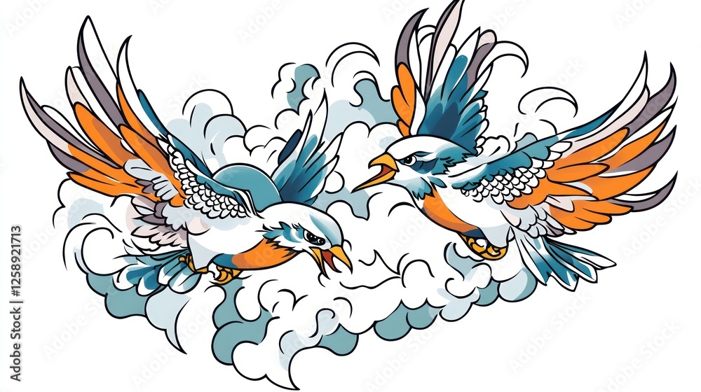 Fototapeta premium Two Colorful Birds Soaring Cloudscape Artistic Design