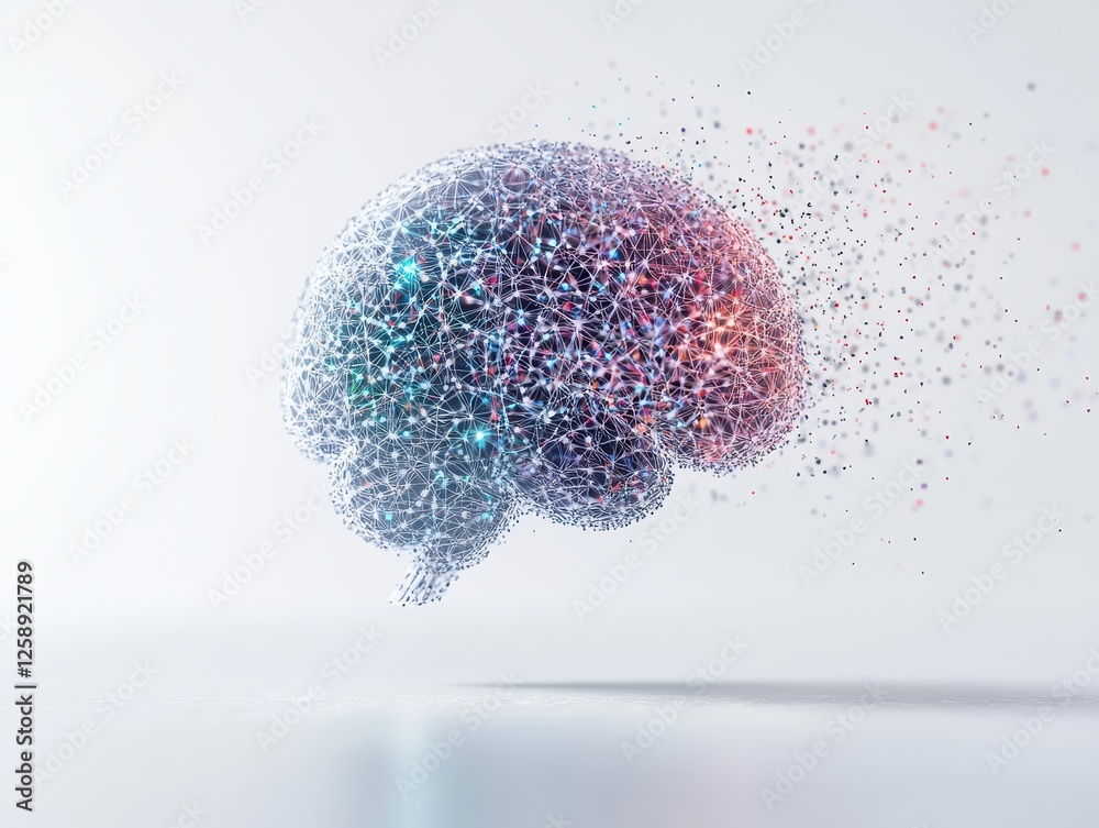 Fototapeta premium AI neural network development. Abstract brain composed of colorful particles in motion, symbolizing creativity and intelligence.