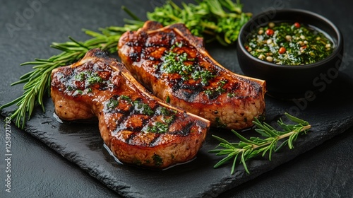 Grilled meat with herb sauce served on a black slate platter with rosemary ga...