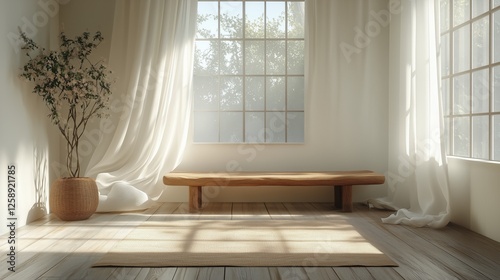 Minimalist interior design featuring a wooden bench and natural light in a tr...