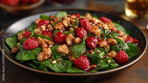 Delicious spinach salad with grilled chicken and fresh raspberries served on ...