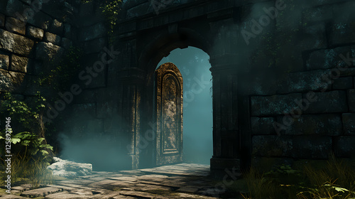 Ancient ruins conceal a hidden teleport gate, activated by a time traveler. Enchanted Foglands. Illustration