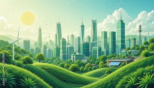 Eco Friendly Green Cityscape Sustainable Urban Landscape Illustration Modern Architecture Design Clean Energy Windmills Solar      photo