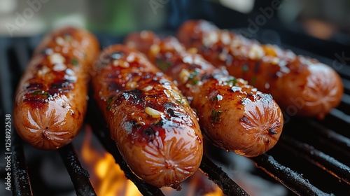 Grilled sausages sizzling on an outdoor barbecue at a summer gathering in the...