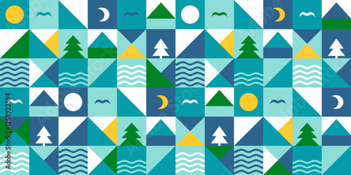 Abstract geometric pattern with sea waves, mountains, pine trees, sun and moon. Seamless pattern with summer mosaic of ocean coast, vector illustration