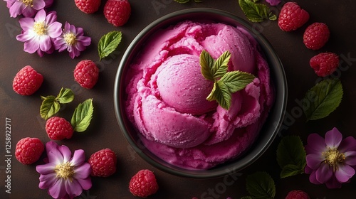 Bright raspberry ice cream served in a bowl surrounded by fresh berries and f...
