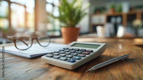 Calculator, glasses, notebook, and pen on wooden table in bright workspace wi...