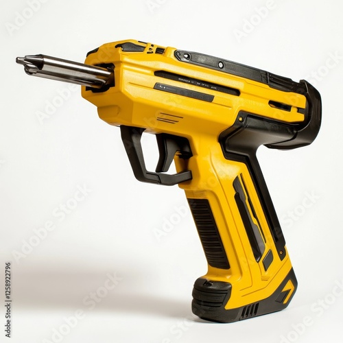 Yellow cordless gun-style fastening tool on white background photo