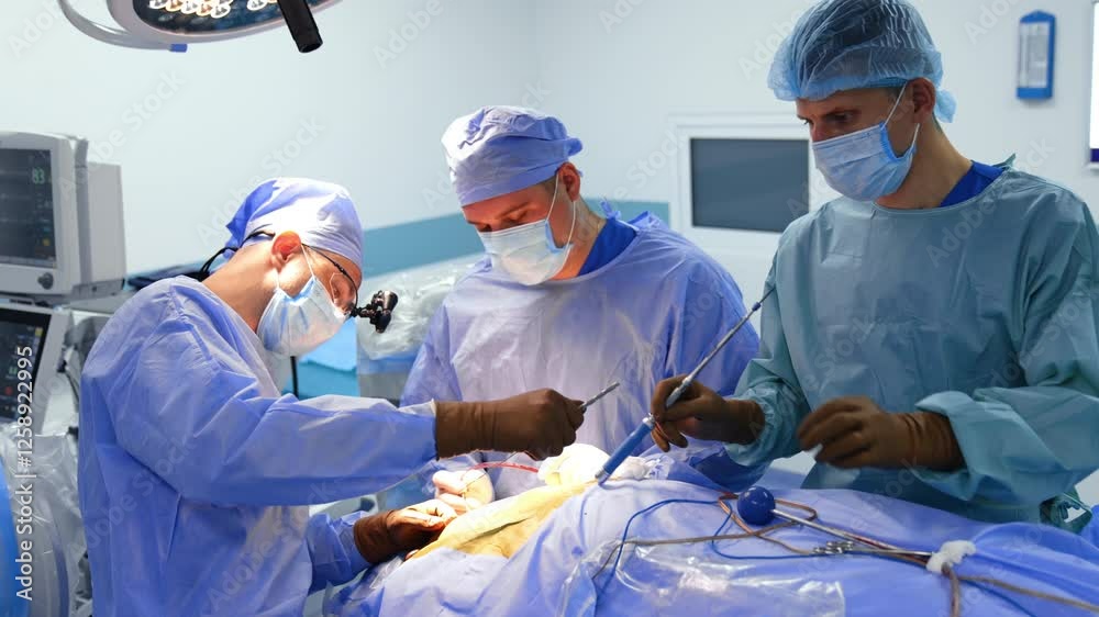 Three medics work at neurosurgery in modern operational room. Male nurse cleans the tools and passes them to the chief surgeon.