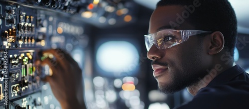Focused Black Technician Adjusting Avionics in Cockpit, Precision at Work