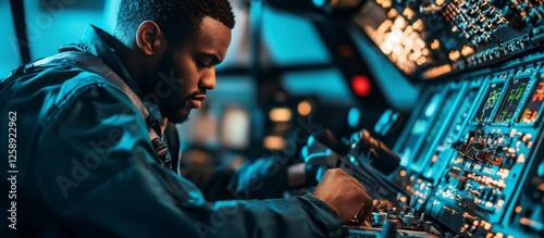 Concentrated African Technician Calibrating Avionics in Cockpit at Night