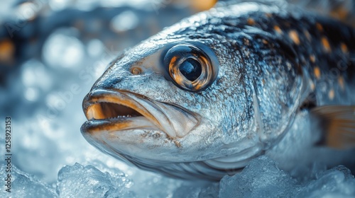 Close-up of a fish's head and gills resting on ice against a bright white background photo