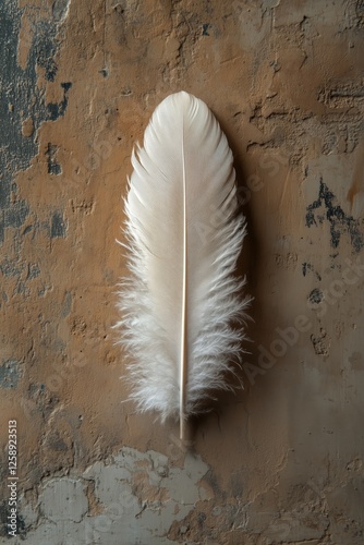 Delicate white feather resting on textured earthy background showcasing natur...