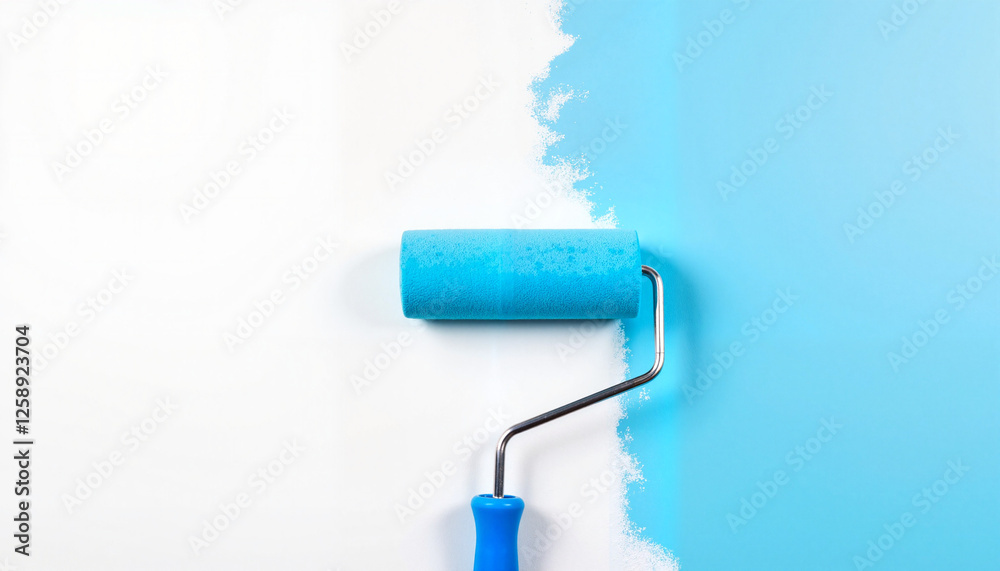 Obraz premium Vibrant blue paint roller applying color to white wall, home transformation