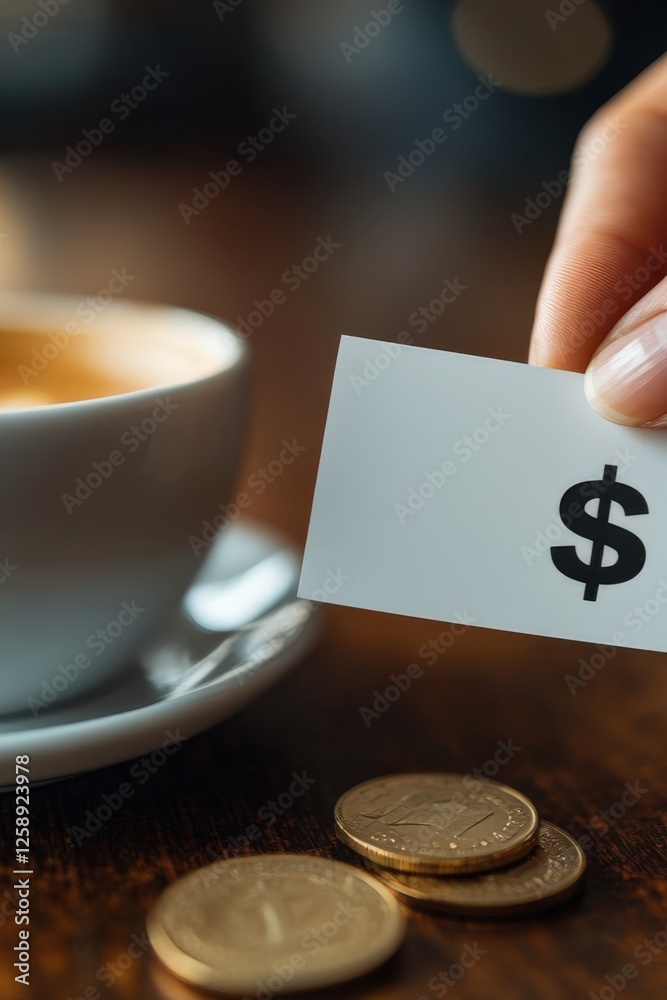 Fototapeta premium Close-up of a hand placing a rectangular card next to coffee and coins in a cozy cafe