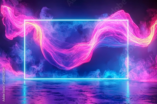Glowing neon frame in pink and blue hues on a dark futuristic background.