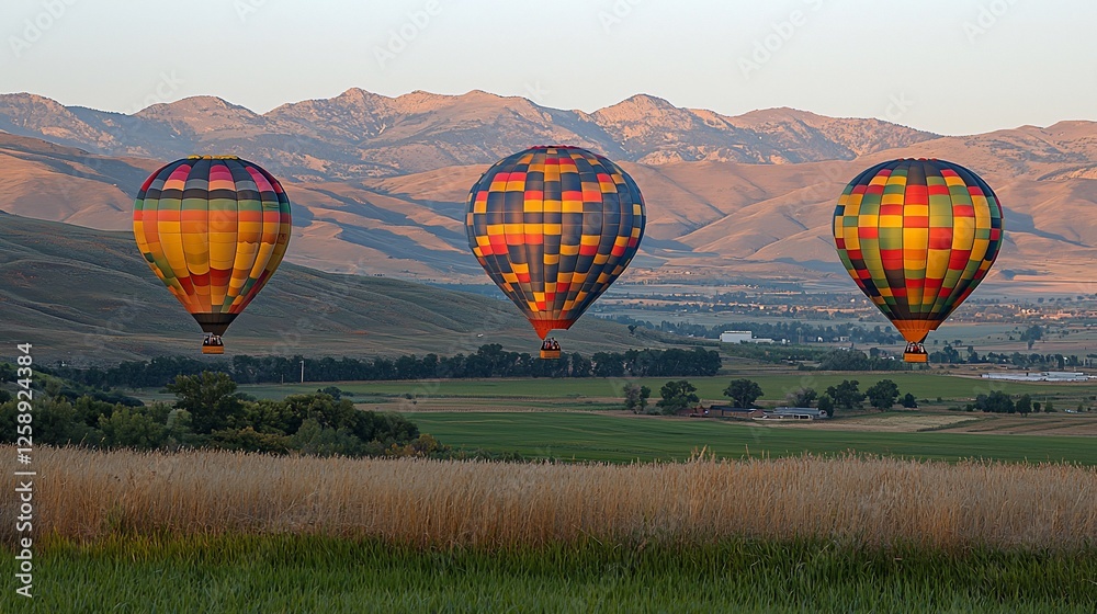 Obraz premium Hot air balloons fly over valley at sunrise