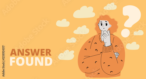 Cartoon vector illustration of a woman with a question mark next to her, symbolizing inquiry, curiosity, and the quest for understanding