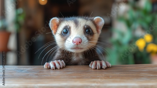 Curious ferret peering over a wooden surface in a cozy indoor setting